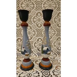 Set of 2 Folk Art Taper Candle Holders-9"